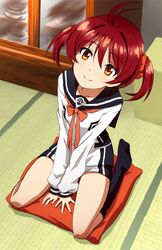  brown_eyes brown_hair cushion isshiki_akane kneehighs no_shoes norepan_sansei short_hair short_shorts shorts sitting smile solo twintails vividred_operation 