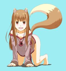  1girl all_fours animal_ears bare_shoulders barefoot blue_background blush bottomless breasts brown_eyes brown_hair cleavage fang highres holo long_hair looking_at_viewer open_mouth pouch simple_background solo spice_and_wolf tail toes tora_(k0000472973) wolf_ears wolf_tail 