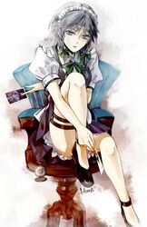  1girl apron blue_eyes blush braid card chair hakoremi izayoi_sakuya light_smile lips maid maid_headdress pocket_watch ribbon short_hair silver_hair sitting skirt solo touhou twin_braids vest watch wristband 