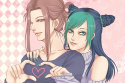  1boy 1girl black_hair blue_eyes braid brown_hair double_bun green_hair hair_up heart heart_hands heart_hands_duo jojo_no_kimyou_na_bouken kuujou_jolyne multicolored_hair nail_polish narciso_anasui ponytail red_eyes sweater two-tone_hair wriny199443 