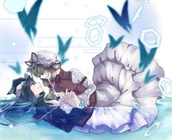  2girls aqua_hair blonde_hair blue blurry butterfly depth_of_field dress hair_up hand_holding hand_on_another's_chest hand_on_another's_chest hat highres holding_hands interlocked_fingers katayama_kei looking_at_another mima multiple_girls mutual_yuri touhou water yakumo_yukari yuri 