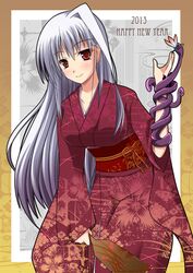  1girl 2013 blush english guatemala happy_new_year japanese_clothes kimono long_hair lyrical_nanoha mahou_shoujo_lyrical_nanoha mahou_shoujo_lyrical_nanoha_a's mahou_shoujo_lyrical_nanoha_a's new_year red_eyes reinforce silver_hair smile snake solo 