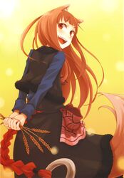  1girl absurdres animal_ears ayakura_juu blush brown_hair fang food highres holo long_hair looking_at_viewer looking_back official_art pouch red_eyes skirt smile solo spice_and_wolf tail wheat wolf_ears wolf_tail 