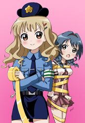  >:) 2girls bdsm blonde_hair blue_hair bondage braid breasts costume dress furutani_himawari hair_ornament hairband hairclip hat highres large_breasts multiple_girls necktie oomuro_sakurako open_mouth police_officer police_tape school_uniform serafuku smile tied_up twin_braids vzmk2 yuru_yuri 