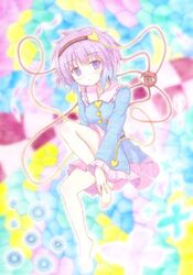  1girl :o barefoot blouse gradient_hair headband heart kittona komeiji_satori leg_up long_sleeves millipen_(medium) multicolored_background multicolored_hair purple_eyes short_hair skirt solo stained_glass third_eye touhou traditional_media violet_eyes watercolor_pencil_(medium) wide_sleeves 
