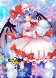  2girls apron ascot bat_wings blonde_hair blue_background blue_hair boots bow braid brooch broom coat dress flower fur_trim hat jewelry kirisame_marisa long_hair looking_at_viewer minigirl mittens multiple_girls nabepro pink_dress red_eyes remilia_scarlet rose short_hair single_braid smile snowflakes snowman touhou vest wings witch_hat yellow_eyes 