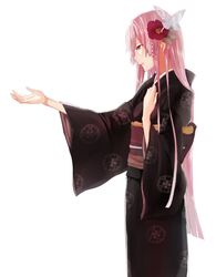  1girl brown_eyes butterfly_hair_ornament flower hair_flower hair_ornament highres japanese_clothes kimono long_hair megurine_luka outstretched_arm pink_hair solo vocaloid yuki_ikuy 