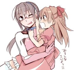  2girls blue_eyes brown_hair cheek_pull child dress glasses hair_ribbon hairband long_hair makinami_mari_illustrious mizuki_(koko_lost) multiple_girls neon_genesis_evangelion open_mouth plugsuit rebuild_of_evangelion red-framed_glasses red_dress ribbon shikinami_asuka_langley sketch soryu_asuka_langley souryuu_asuka_langley two_side_up wince young 