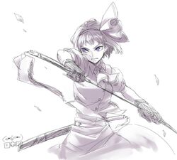  1girl blue_eyes hairband hinomoto_madoka katana konpaku_youmu looking_away monochrome motion_blur sheath short_hair solo sword touhou unsheathing weapon 