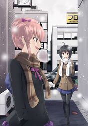  2girls ahoge black_hair breath brown_eyes coat idolmaster idolmaster_cinderella_girls jougasaki_mika kohinata_miho miniskirt multiple_girls pantyhose pink_hair ponytail scarf short_hair skirt snowing yellow_eyes 
