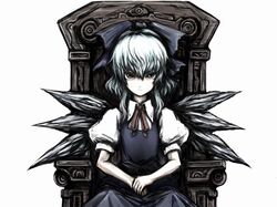  1girl blue_dress bow bust cirno comic dress grey_eyes hair_bow shishigami_(sunagimo) short_hair silent_comic sitting solo throne touhou wings 