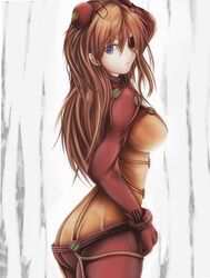  1girl arm_up ass blue_eyes breasts brown_hair eyepatch hair_ornament large_breasts long_hair long_sleeves looking_at_viewer nanacy7 neon_genesis_evangelion plugsuit rebuild_of_evangelion see-through shikinami_asuka_langley solo soryu_asuka_langley souryuu_asuka_langley test_plugsuit turning 