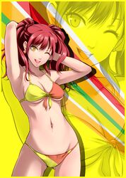  1girl ;d armpits arms_up bikini breasts dark_persona earrings jewelry k2isu kujikawa_rise navel open_mouth persona persona_4 red_hair redhead smile solo swimsuit twintails under_boob underboob wink yellow_eyes zoom_layer 