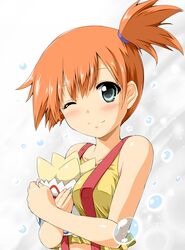  1girl ;) blush breasts bubble creature green_eyes highres kasumi_(pokemon) orange_hair pokemon pokemon_(anime) reki_48 short_hair side_ponytail smile suspenders togepi wink 