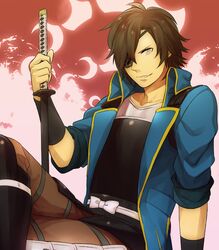  1boy brown_eyes brown_hair date_masamune_(sengoku_basara) eyepatch katana kbs sengoku_basara solo sword weapon 