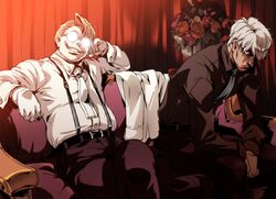  2boys captain_(hellsing) couch dark_skin gloves glowing_glasses hellsing imasan major_(hellsing) multiple_boys necktie red_eyes sitting suspenders white_gloves white_hair 