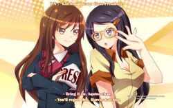  2girls benigno_aquino benigno_aquino_jr black_eyes black_hair black_legwear blazer brown_hair fake_screenshot ferdinand_edralin_marcos genderswap glasses highres long_hair mc_axis multiple_girls translation_note 