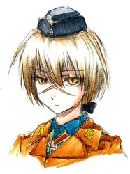  1girl blonde_hair garrison_cap hanna_rudel hat iron_cross long_hair military military_uniform ponytail ribbon scar shirodama solo strike_witches uniform white_background yellow_eyes 