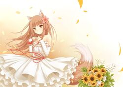  1girl alternate_costume animal_ears blush brown_hair choker dress flower frilled_dress frills hair_flower hair_ornament holo long_hair looking_at_viewer nncat petals red_eyes ribbon smile solo spice_and_wolf sunflower tail wolf_ears wolf_tail 
