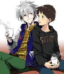  2boys alternate_costume blue_eyes brown_hair casual cup grey_hair hoodie hosaka_dx ikari_shinji jacket letterman_jacket multiple_boys nagisa_kaworu neon_genesis_evangelion red_eyes sitting smile 