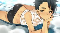  1boy black_eyes black_hair male on_stomach original rand_(artist) short_hair speedo swimsuit 
