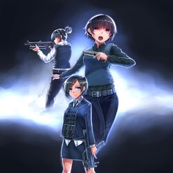  aoki_(miharuu) black_hair blue_eyes bulletproof_vest call_of_duty call_of_duty:_modern_warfare_3 genderswap gun hair_bun handgun machine_pistol magpul_fmg_9 multiple_girls pp-19_bizon red_eyes short_hair siqi_(miharuu) submachine_gun weapon 