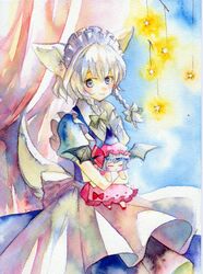  2girls :< animal_ears bat_wings bed blue_eyes blue_hair bow braid chibi closed_eyes dog_ears dog_tail eyes_closed hair_bow hat hat_ribbon inu_sakuya izayoi_sakuya looking_at_viewer maid maid_headdress multiple_girls ribbon silver_hair size_difference smile solo star tail touhou traditional_media tsuru twin_braids watercolor_(medium) wings 