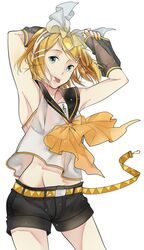  1girl :p armpits arms_up blonde_hair blue_eyes ciel_ciel colored headphones highres kagamine_rin shorts simple_background smile solo tongue vocaloid white_background 