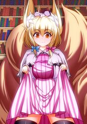  1girl animal_ears black_legwear blonde_hair bookshelf breasts capelet cosplay dress dress_lift fox_ears fox_tail hair_ribbon hat huge_breasts library merry_(diameri) multiple_tails patchouli_knowledge patchouli_knowledge_(cosplay) purple_dress ribbon smile solo striped striped_dress tail thighhighs touhou yakumo_ran yellow_eyes zettai_ryouiki 