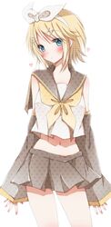  blonde_hair blue_eyes blush detached_sleeves heart highres hiro_(hirohiro31) kagamine_rin nail_polish navel skirt solo vocaloid 