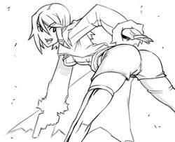  1girl asagiri_asagi ass bb_(baalbuddy) bent_over cropped_jacket disgaea hair_ornament hairclip jacket lineart makai_senki_disgaea monochrome open_mouth short_hair shorts smile solo thigh-highs thighhighs 