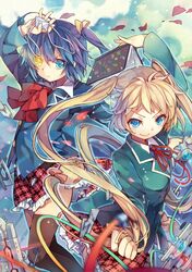  >:) 2girls arm_up black_hair black_legwear blonde_hair blue_eyes blush book chuunibyou_demo_koi_ga_shitai! dekomori_sanae eyepatch eyepatch_removed hair_weapon heterochromia hime03 long_hair looking_at_viewer multiple_girls plaid plaid_skirt school_uniform short_hair side_ponytail skirt smile takanashi_rikka very_long_hair yellow_eyes 