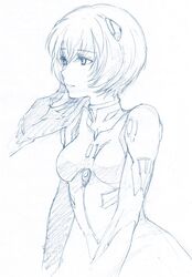  1girl artist_request ayanami_rei bodysuit hair_ornament hand_on_another's_face hand_on_another's_face mogeco neon_genesis_evangelion plugsuit short_hair sketch solo 