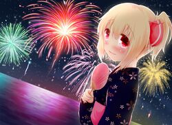  1girl alternate_costume blonde_hair blush bust fan fireworks hair_ribbon hair_up japanese_clothes kimono koji_(kohei66) open_mouth paper_fan red_eyes ribbon rumia short_hair smile solo touhou uchiwa yukata 