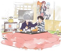  2boys 3girls ayanami_rei blue_eyes blue_hair blush brown_hair casual cellphone chocolate_sable feeding food fruit futon glasses hoodie ikari_shinji kettle kotatsu long_hair makinami_mari_illustrious mandarin_orange multiple_boys multiple_girls nagisa_kaworu neon_genesis_evangelion orange_hair phone rebuild_of_evangelion shikinami_asuka_langley short_hair smile soryu_asuka_langley souryuu_asuka_langley table television 
