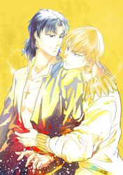  2boys black_eyes black_hair blonde_hair bracelet cross cross_necklace earrings fate/stay_night fate/zero fate_(series) gilgamesh highres jewelry kotomine_kirei multiple_boys necklace nekoliu red_eyes 