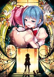  2girls absurdres blue_eyes blue_hair blush character_request hair_ornament hairclip hands_on_shoulders highres hug juliet_sleeves kamijou_kyousuke kaname_madoka kyubey long_sleeves mahou_shoujo_madoka_magica miki_sayaka multiple_girls nardack open_mouth pink_hair puffy_sleeves scan school_uniform shadow shizuki_hitomi short_hair short_twintails stained_glass tears twintails 