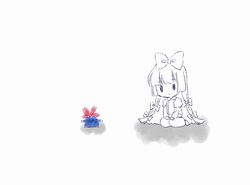 1girl bangs blunt_bangs bow chibi comic expressionless fujiwara_no_mokou hair_bow hat long_hair monochrome pants rino_(kurumi) silent_comic simple_background sitting solid_circle_eyes solo spot_color suspenders touhou wariza 