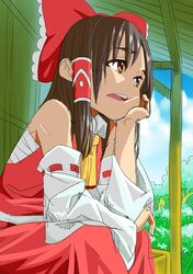  1girl bow brown_eyes brown_hair chin_rest detached_sleeves hair_bow hair_tubes hakurei_reimu highres looking_away open_mouth sarashi short_hair sitting solo touhou yatarato-subaru 