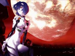  1girl ayanami_rei blue_hair breasts city_lights full_moon hair_ornament highres moon neon_genesis_evangelion plugsuit red_eyes short_hair solo takahirokun 