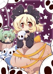  2girls :3 blonde_hair brown_dress bucket dress green_eyes green_hair hair_bobbles hair_ornament hair_ribbon highres kisume kurodani_yamame multiple_girls muuba red_eyes ribbon short_hair skull star tongue tongue_out touhou twintails 