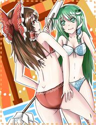 2girls bikini bow breasts brown_hair cleavage frog gohei green_eyes green_hair hair_bow hair_ornament hair_tubes hakurei_reimu kochiya_sanae long_hair looking_back multiple_girls navel nobu_baka open_mouth red_eyes smile snake swimsuit touhou