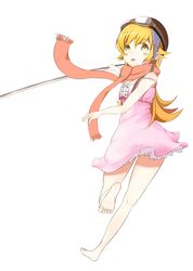 1girl bakemonogatari barefoot blonde_hair blush_stickers d: error fang long_hair monogatari_(series) open_mouth oshino_shinobu peanuts_(ennuim) scarf solo sword weapon yellow_eyes 