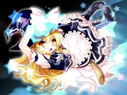  1girl apron arm_up black_background blonde_hair boots broom buttons cross-laced_footwear flying frills hat kirisame_marisa komiru light_trail long_hair looking_at_viewer mini-hakkero open_mouth petticoat sitting skirt solo star touhou vest waist_apron witch_hat yellow_eyes 