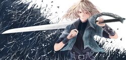  abstract belt blonde_hair bou_nin brown_eyes cigarette expressionless highres huge_weapon jacket looking_at_viewer original over_shoulder smoke smoking solo sword sword_over_shoulder weapon weapon_over_shoulder wrist_guards wristband 