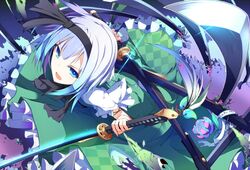  aqua_hair blue_eyes checkered dress flower flowers hair_ribbon hairband highres ichiyan katana konpaku_youmu open_mouth ribbon ribbons sheath short_hair short_sleeves silver_hair skirt solo sword touhou weapon 