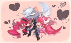  1boy 2girls antenna_hair arm_hug bad_end_happy bad_end_precure belt bike_shorts bodysuit boots broken_heart chibi cure_happy dark_persona dress embarrassed head_wings heart hetaraion hoshizora_miyuki long_hair multiple_girls pants pink_dress pink_hair precure sepia_background shorts_under_skirt skirt smile_precure! tiara twintails werewolf white_hair wolfrun 