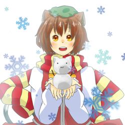  :3 chen kakusashio open_mouth scarf snowflakes snowman solo touhou 