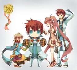 alternate_costume asbel_lhant blue_eyes brown_hair gloves long_hair multicolored_hair pascal purple_eyes purple_hair scarf smile sophie_(tales_of_graces) tales_of_(series) tales_of_graces twintails violet_eyes yachi_kou 