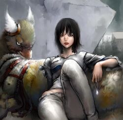  beak black_hair brown_eyes brown_hair building creature crystal fantasy harness hips lips mujiha_(mlog) original pants solo tree unbuttoned wide_hips 